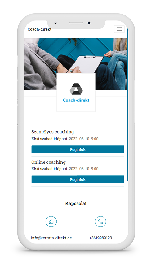 a termin-direkt.de online időpontfoglaló rendszerének példa kialakítása mobil nézetben, coaching és tanácsadói szolgáltatóknak