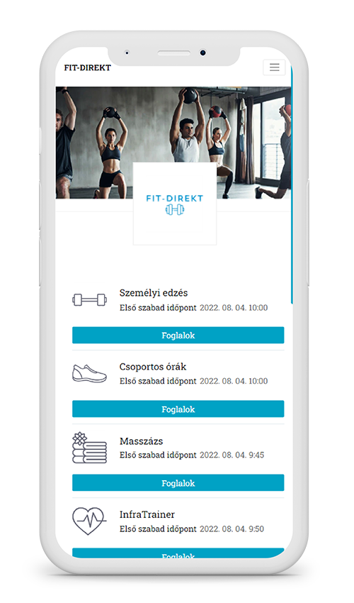 a termin-direkt.de online időpontfoglaló rendszerének példa kialakítása telefonos nézetben, fitness iparágú szolgáltatóknak