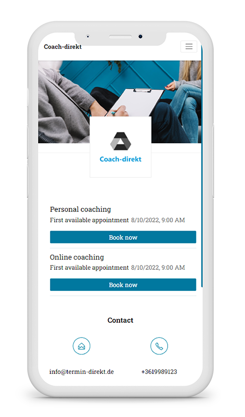 example mockup picture of termin-direkt.de' online booking system in mobile view for coaching and consulting companies