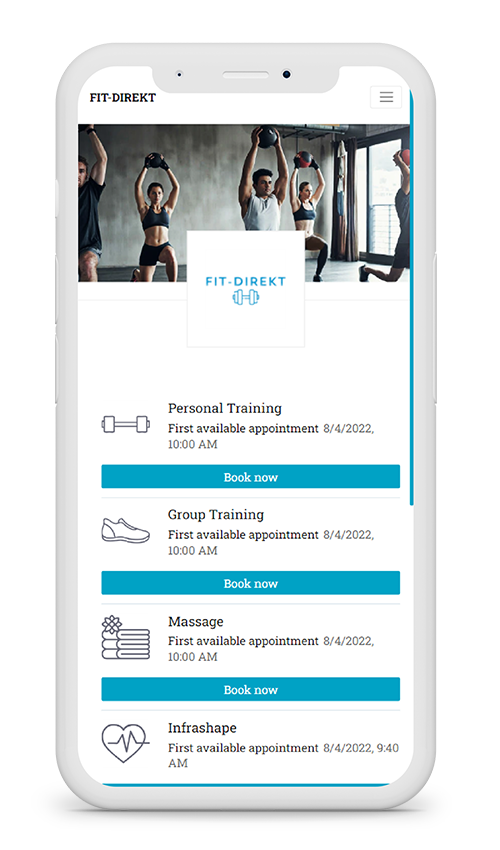 example mockup picture of termin-direkt.de' online booking system in mobile view for fitness companies
