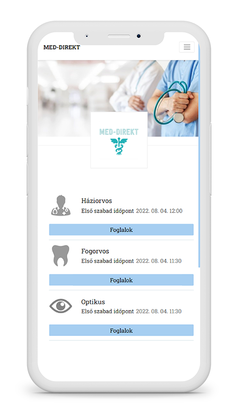 a termin-direkt.de online időpontfoglaló rendszerének példa kialakítása mobil nézetben, egészségügyi szolgáltatóknak