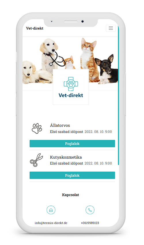 a termin-direkt.de online időpontfoglaló rendszerének példa kialakítása mobil nézetben, állatorvosoknak