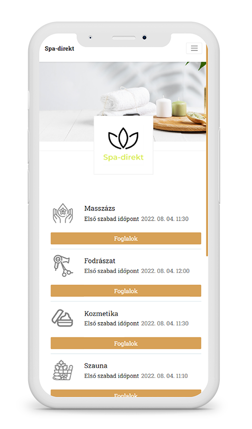 a termin-direkt.de online időpontfoglaló rendszerének példa kialakítása mobil nézetben, wellness iparágú szolgáltatóknak